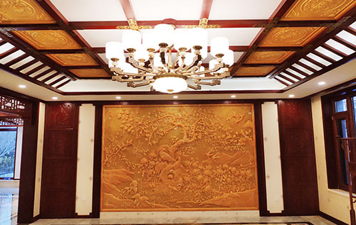 大观中式别墅客厅中式木作横梁吊顶装饰展示